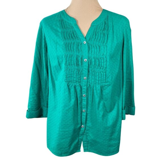 Croft & Barrow Blouse Top Women's Size L large Kelly Green Pleated Button Front - Picture 1 of 8